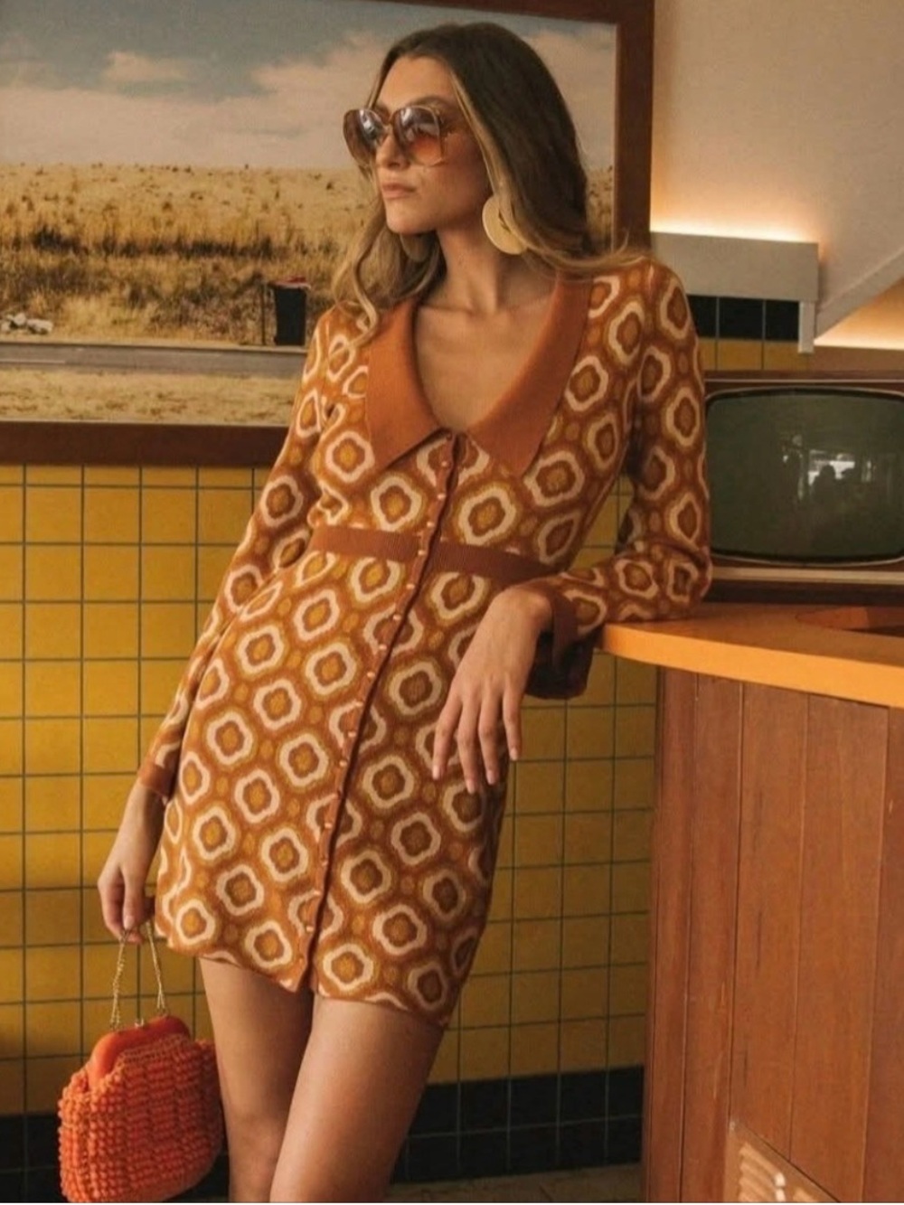 Nine Lives Bazaar Retro Geo Knit Button-Up Dress in Rust, Gold & Cream